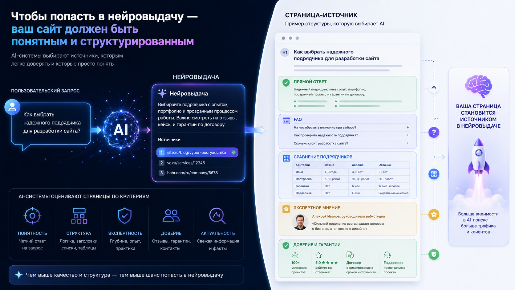 Инфографика нейровыдачи: запрос пользователя, AI-ответ и структурированная страница-источник