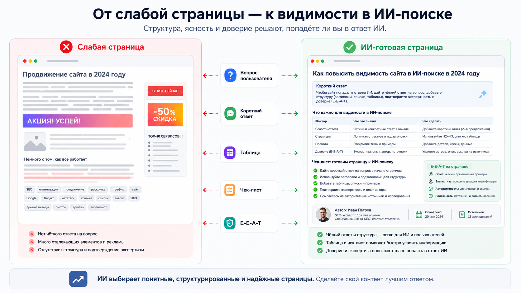 Сравнение слабой страницы и ИИ-готовой страницы для видимости в AI-поиске