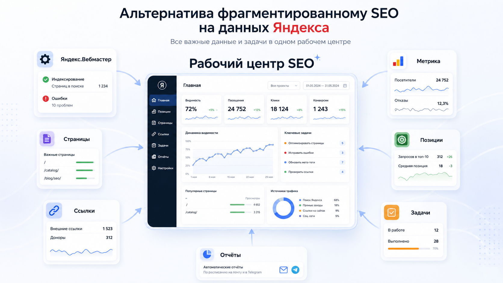 Рабочий центр SEO на данных Яндекса: Вебмастер, Метрика, страницы, ссылки, задачи и отчёты