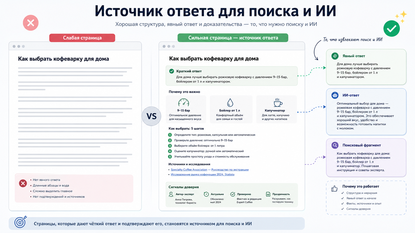 Сравнение слабой страницы и сильной страницы-источника для поиска и ИИ