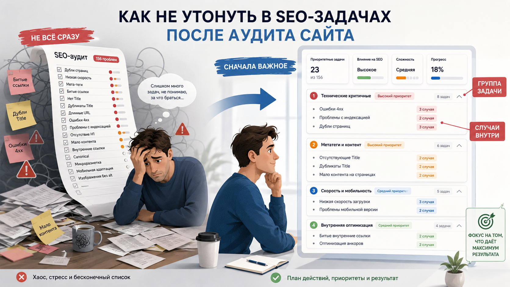 Сравнение: перегрузка после аудита и приоритизированный SEO-план действий