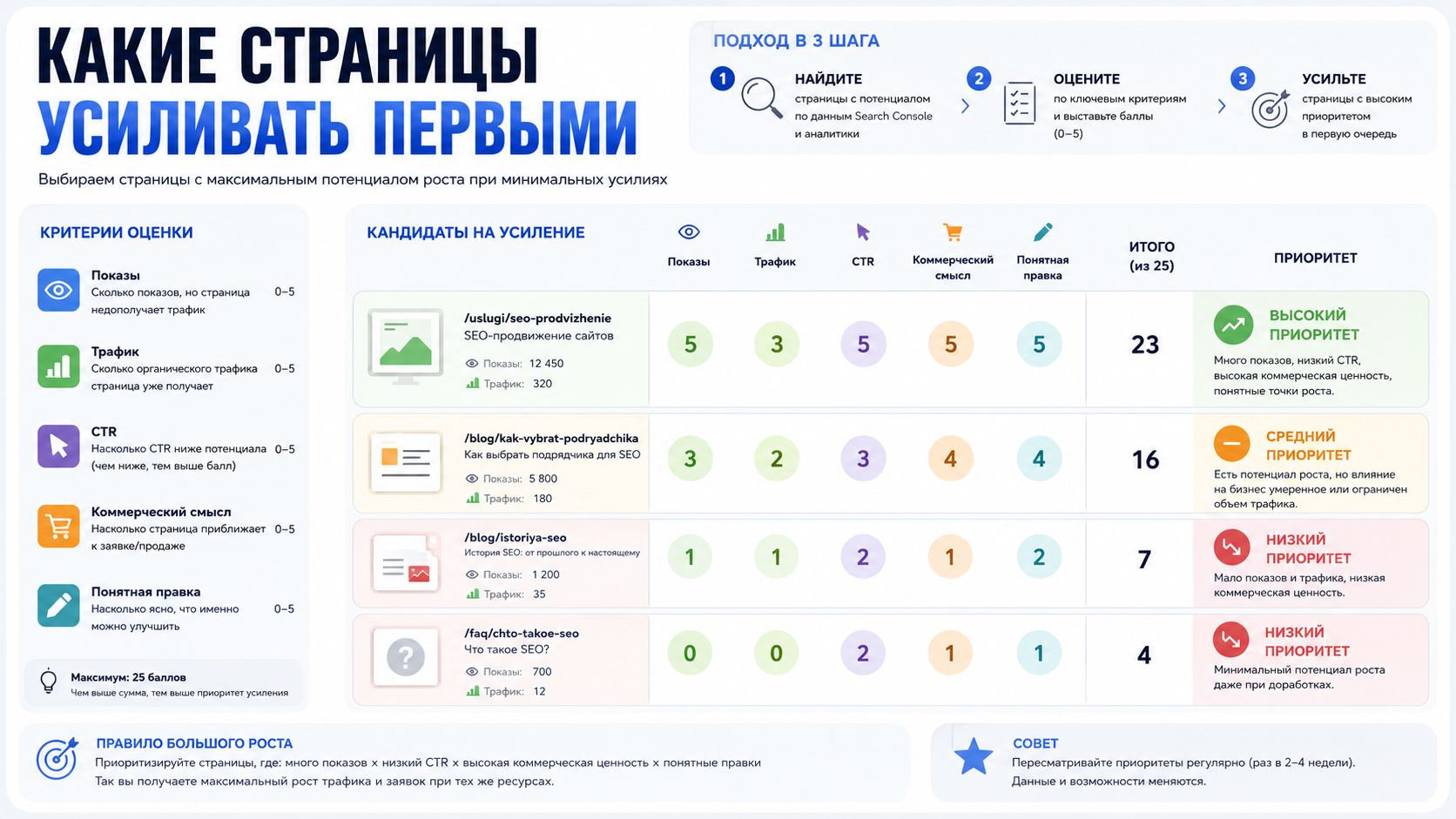 Матрица выбора страниц для усиления по показам, трафику, CTR, коммерческому смыслу и понятной правке