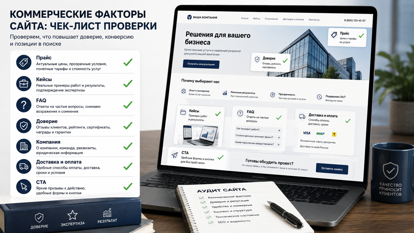 Чек-лист коммерческих факторов сайта: прайс, кейсы, FAQ, доверие и CTA