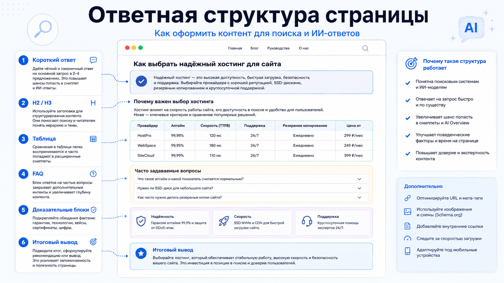 Схема ответной структуры страницы с коротким ответом, H2/H3, таблицей, FAQ и итоговым выводом