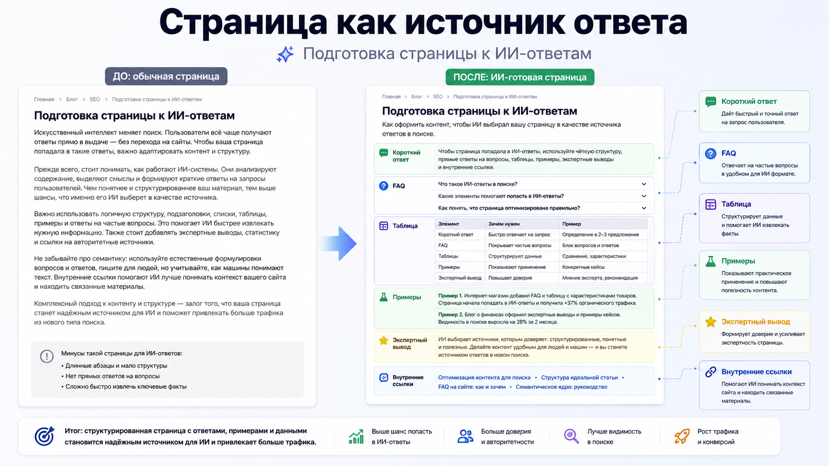 Сравнение обычной страницы и ИИ-готовой страницы с коротким ответом, FAQ, таблицей и внутренними ссылками