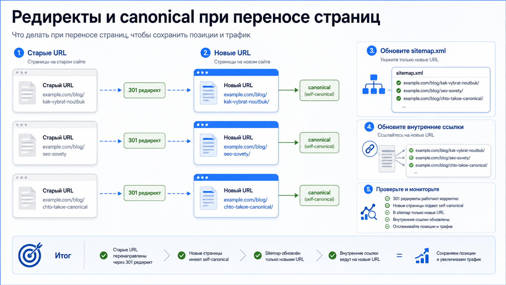 Схема переноса страниц с 301-редиректами, self-canonical и обновлением sitemap