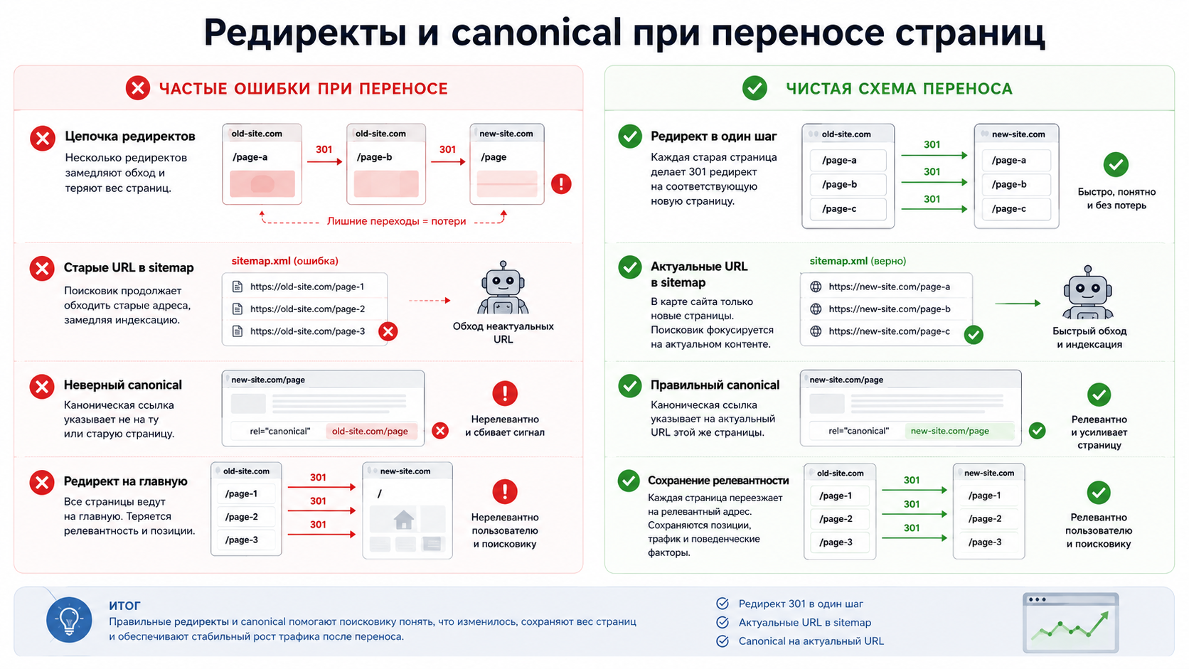 Частые ошибки и правильная схема редиректов и canonical при переносе страниц