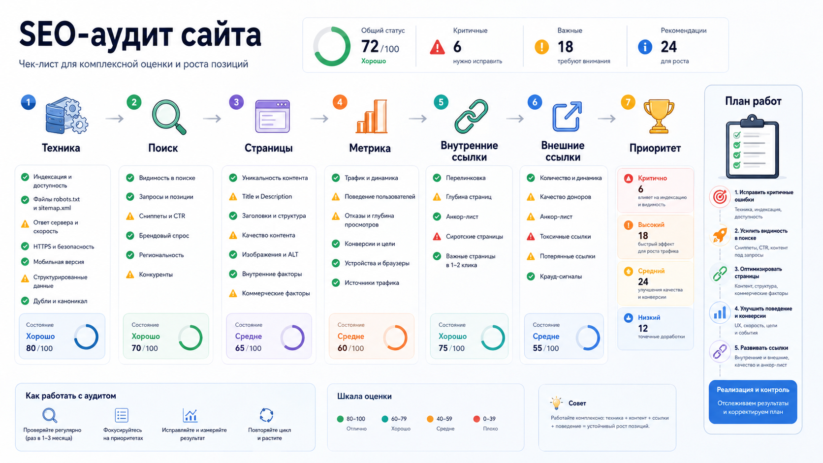 Инфографика SEO-аудита сайта с чек-листом, этапами проверки и планом работ