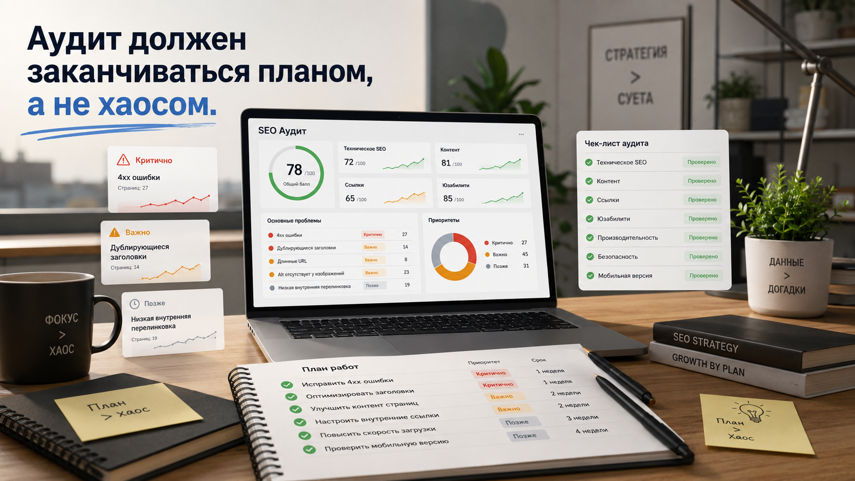Рабочее место с SEO-аудитом на экране и планом действий по исправлению сайта