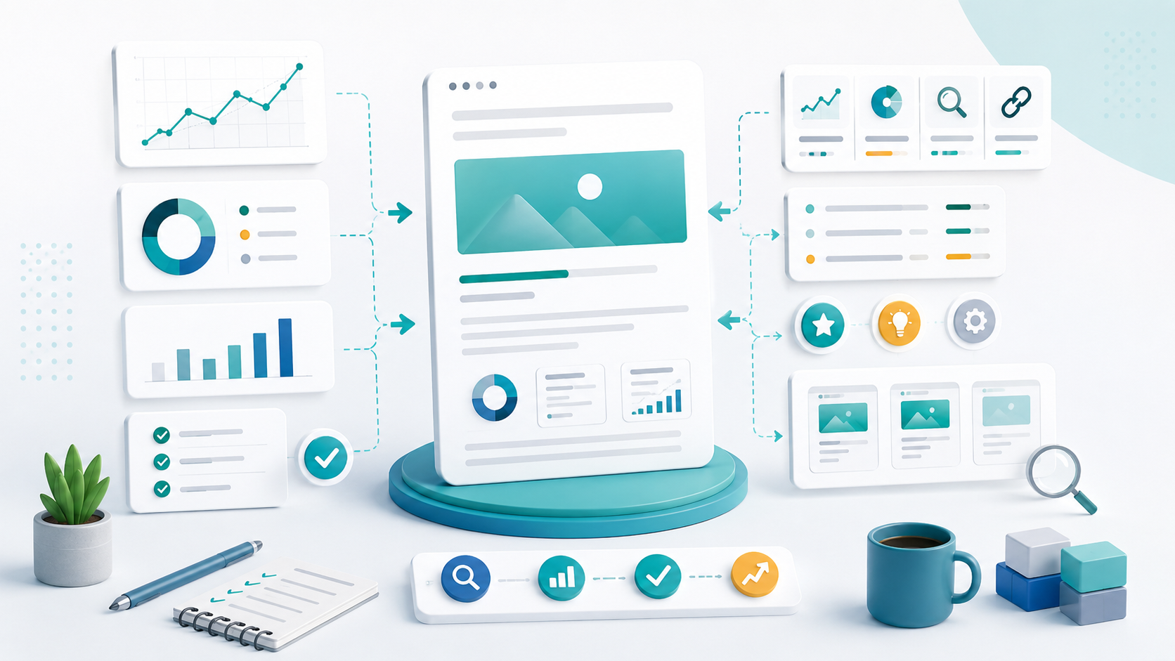 Светлая иллюстрация структуры клиентского SEO-отчёта с графиками и блоками выводов