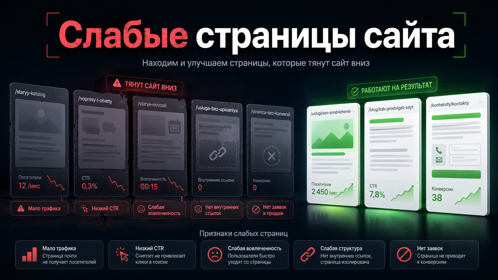 Инфографика слабых и сильных страниц сайта с признаками проблем и роста