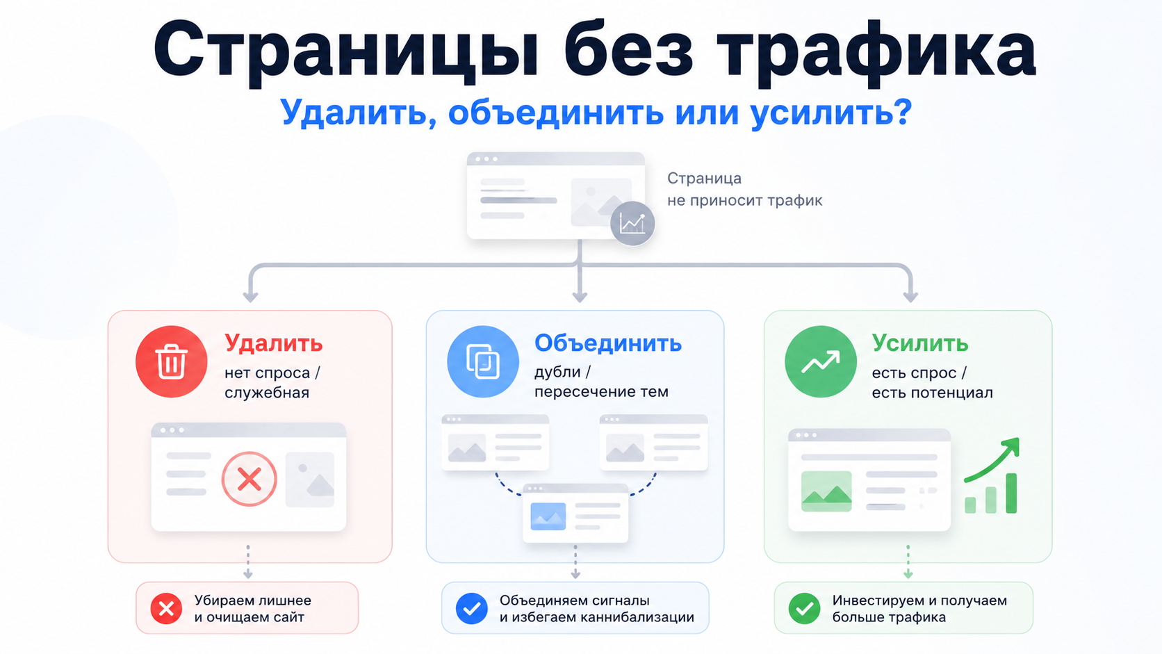 Схема решения по страницам без трафика: удалить, объединить или усилить